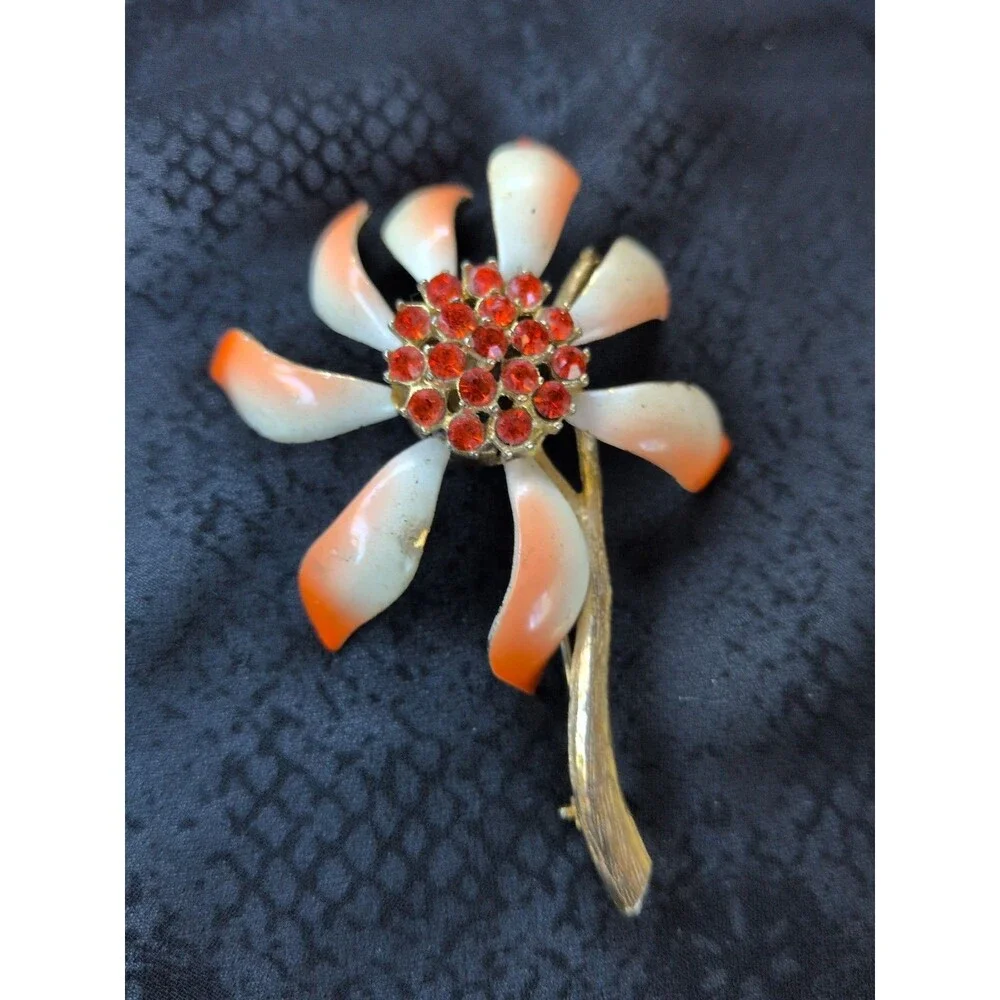 Vintage Flower Pin Brooch Orange Enamel Rhinestone Flower Power  Costume Sparkle
